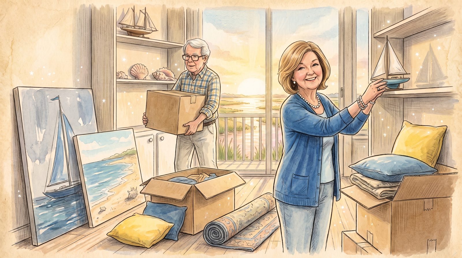 Papaw carries a moving box into the new condo while Granchu, in a blue cardigan, sets a little sailboat on a shelf. Sailboat and beach paintings lean against the wall beside boxes, rolled rugs and blue and yellow pillows.