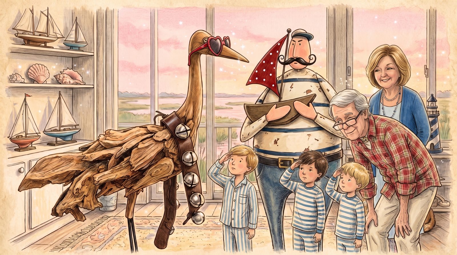 Three grandchildren in striped pajamas salute the driftwood crane and the tin sailor, standing at their posts, while Papaw leans in to explain and Granchu smiles behind them.
