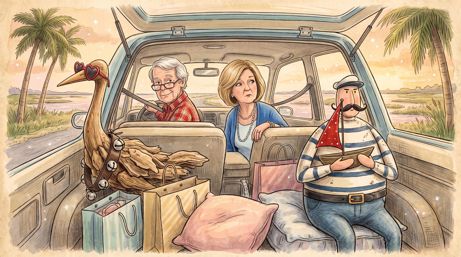 Papaw drives the minivan and Granchu looks back, a little worried, at the cargo: the driftwood crane, the tin sailor and bags of pillows and shopping, with palm trees and marsh outside.