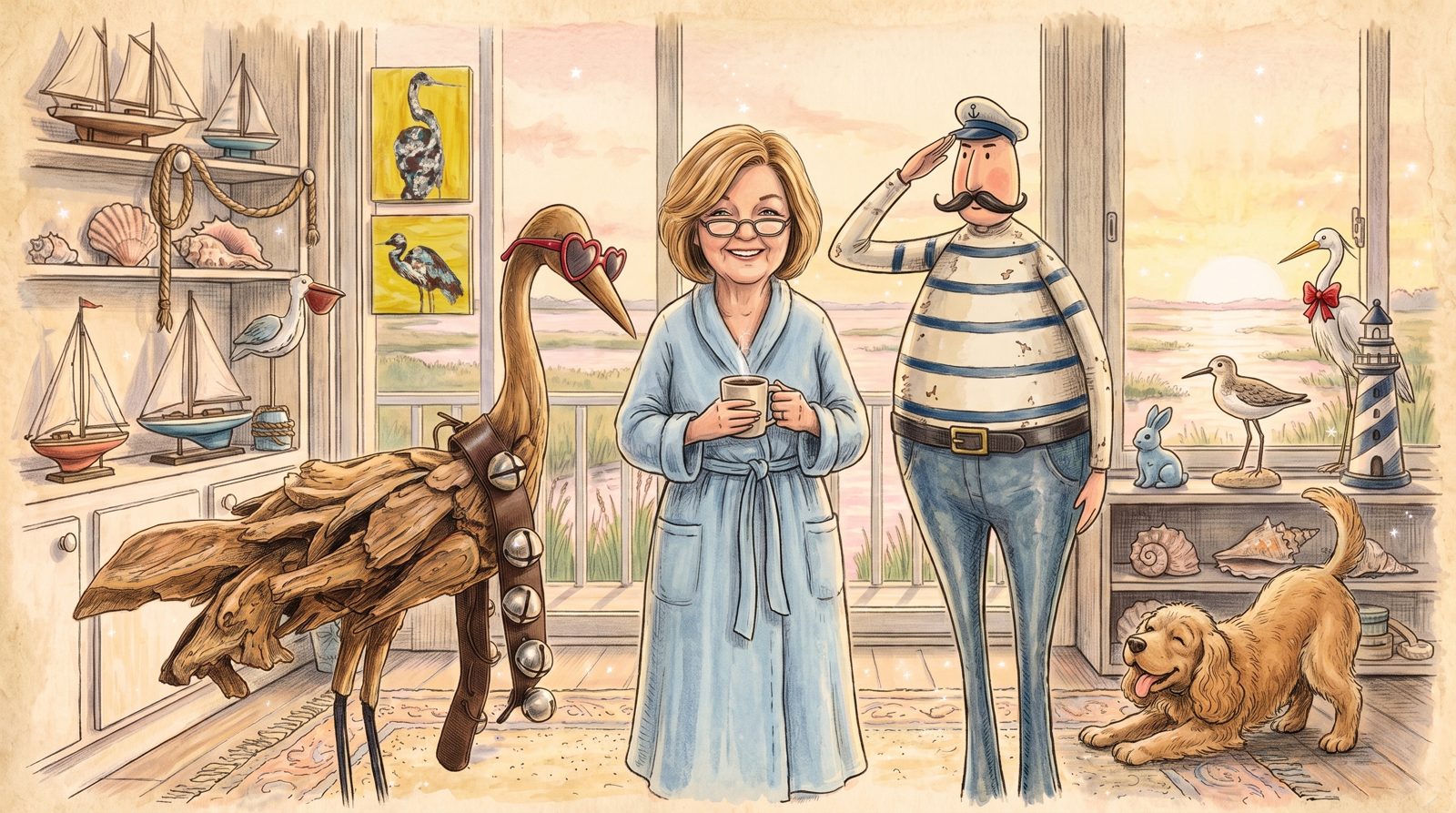 Granchu in her bathrobe holds her morning coffee and smiles between the driftwood crane and the saluting tin sailor, while the cocker spaniel plays at their feet and the sandpiper, bunny and lighthouse look on.