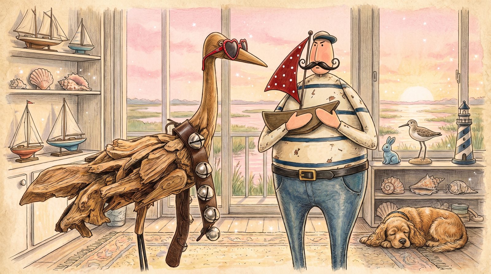 On the sunporch at sunrise, the driftwood crane in heart sunglasses and the tin sailor glare at each other, surrounded by model sailboats, shells, a sandpiper, a blue bunny, a lighthouse and a sleeping cocker spaniel.