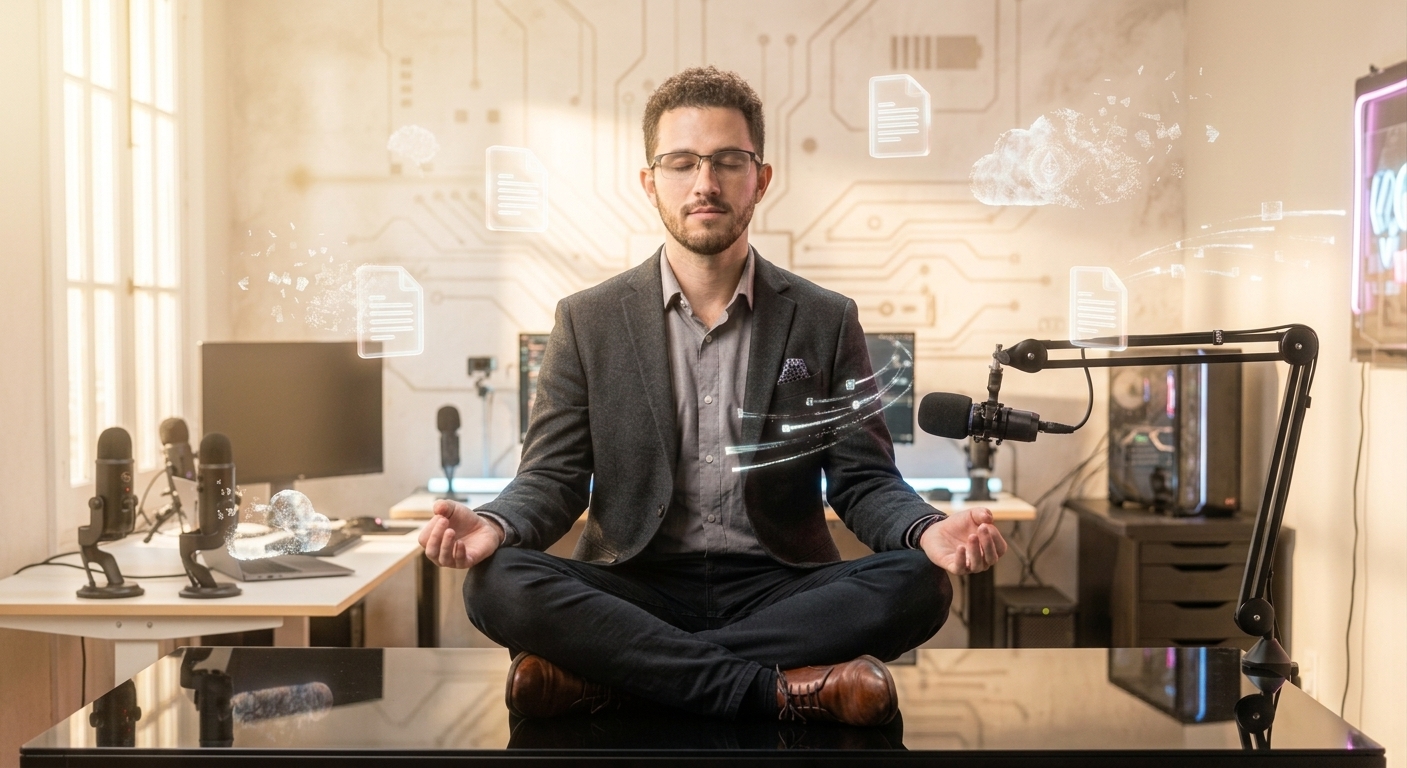 Clark Devereaux meditating at his desk, surrounded by floating document icons and circuit board traces — the Meditation process visualized